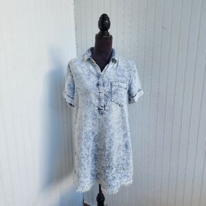 Day + Moon Washed Denim Short Sleeve Shirt Dress Blue White Tencel Women’s Sz S